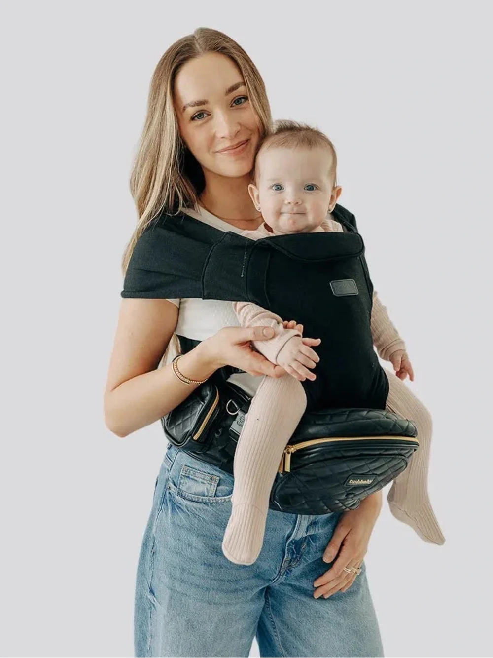Tushbaby Quilted Black and Gold baby hip carrier